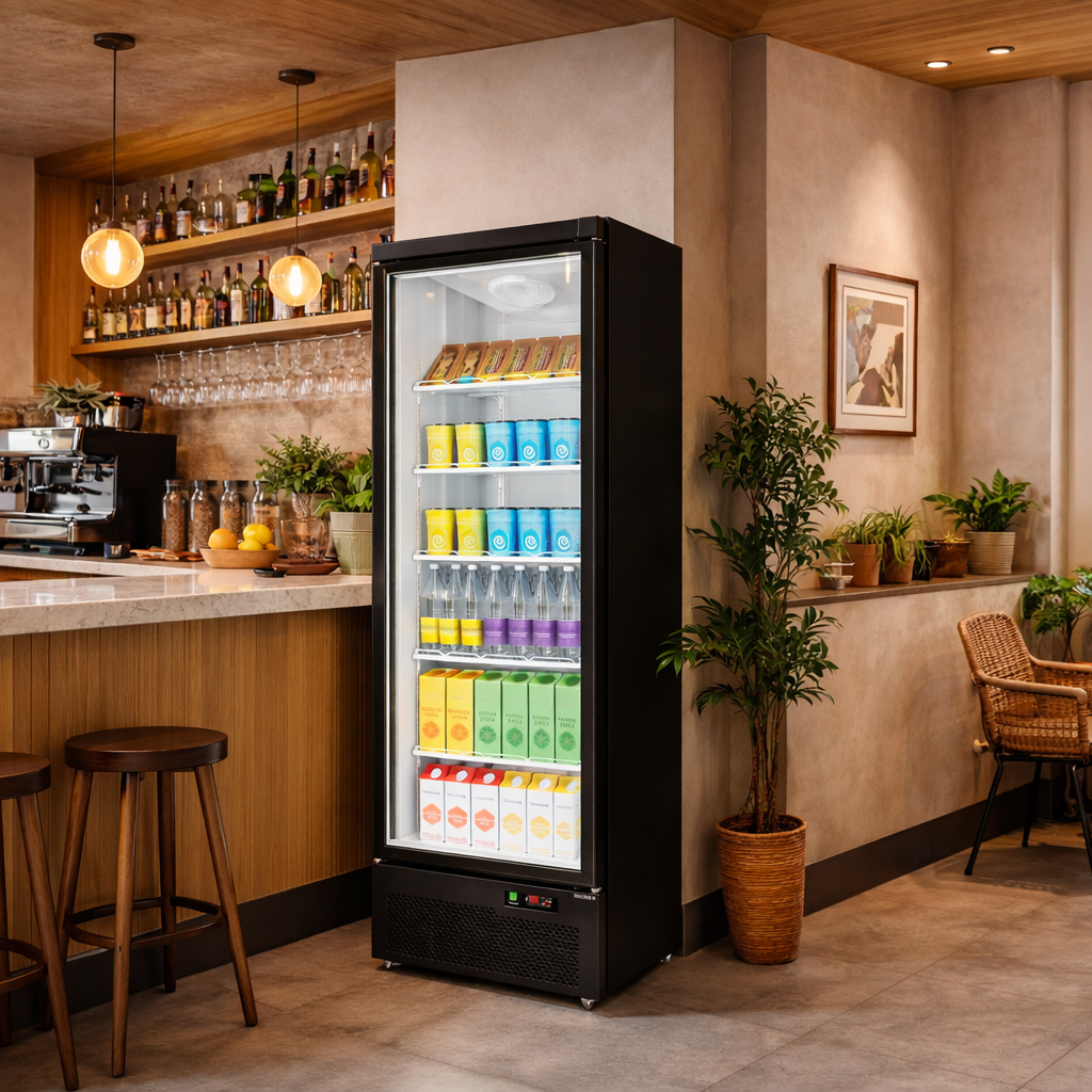 Frosted glass refrigerator in a modern cafe setting with wooden furniture and decor.
