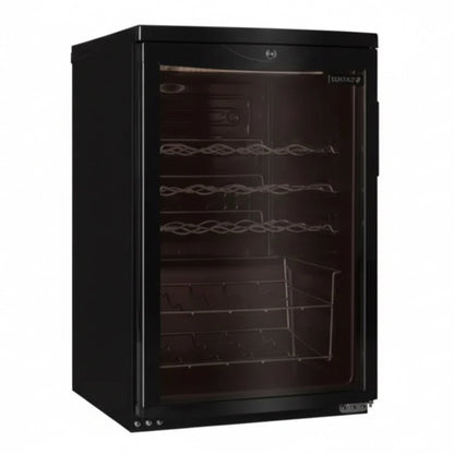 Black wine cooler with glass door on a white background