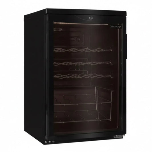 Black wine cooler with glass door on a white background
