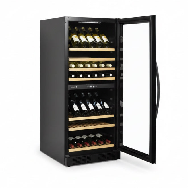 Wine cooler with open door displaying rows of wine bottles on a white background