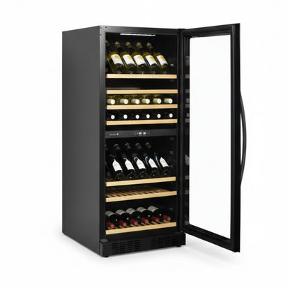 Wine cooler with open door displaying rows of wine bottles on a white background