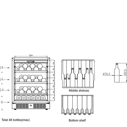 Technical drawing of a wine cooler with dimensions and bottle layout.
