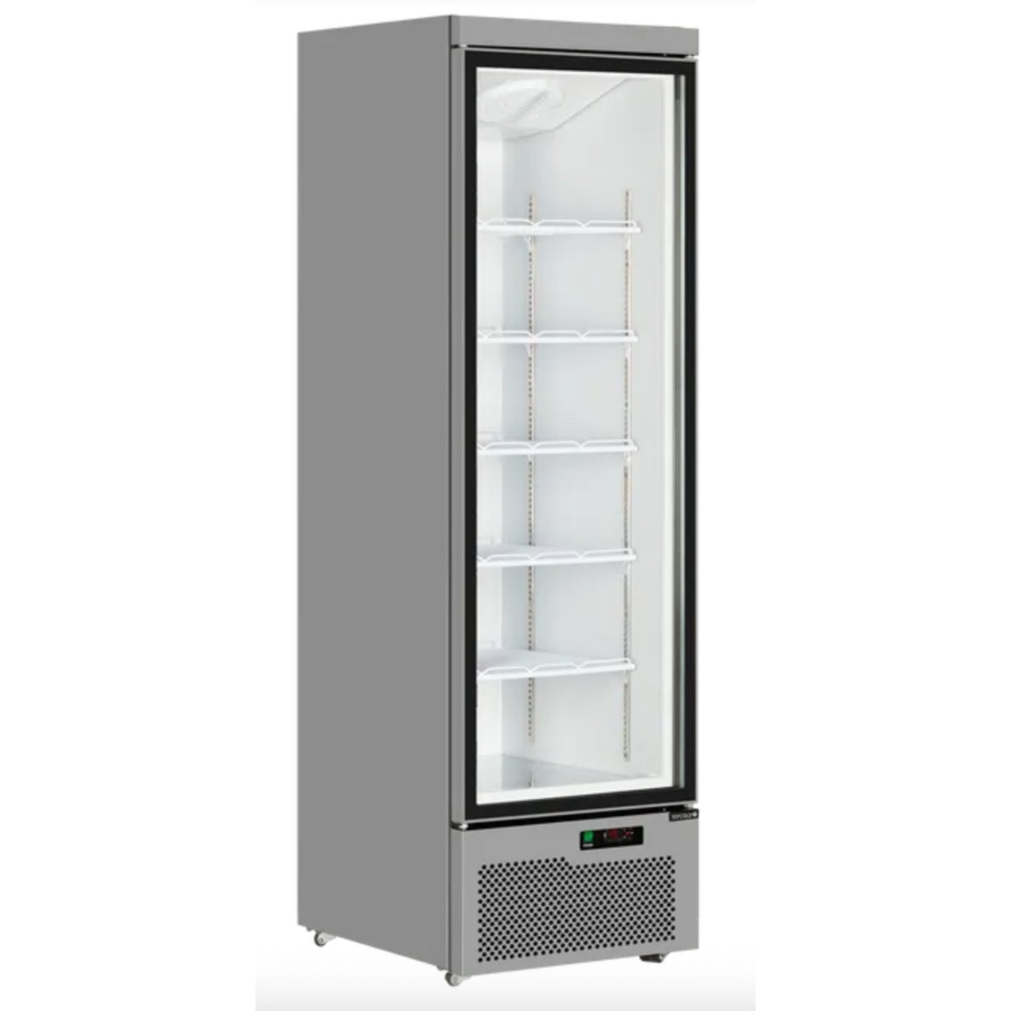 Tall glass-fronted refrigerator on a white background