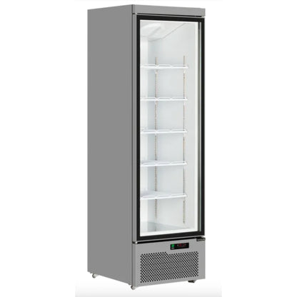 Tall glass-fronted refrigerator on a white background
