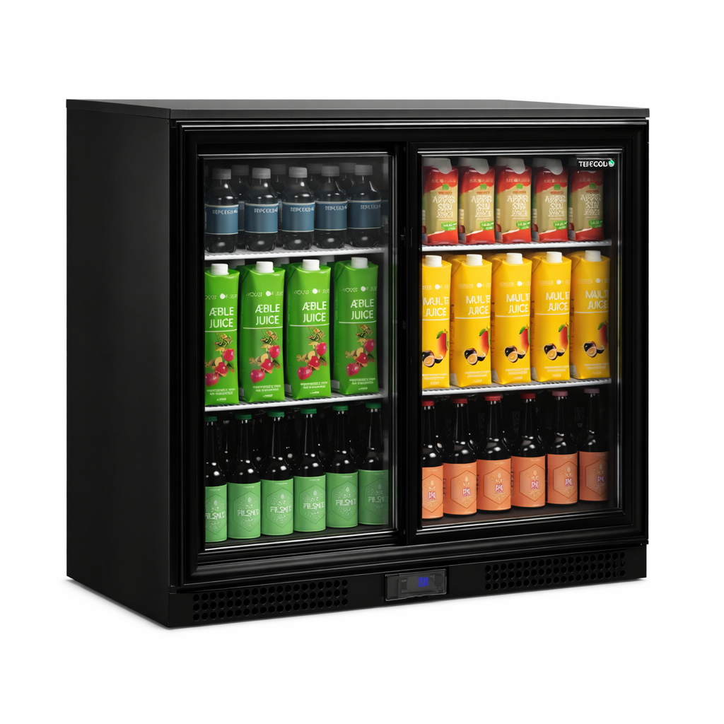 Black refrigerator with glass doors displaying drinks on a white background