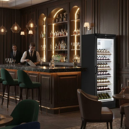 Wine cooler in a bar setting with bottles inside