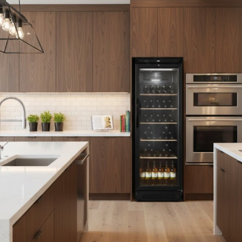 Modern kitchen with wooden cabinets, a wine cooler, and stainless steel appliances.