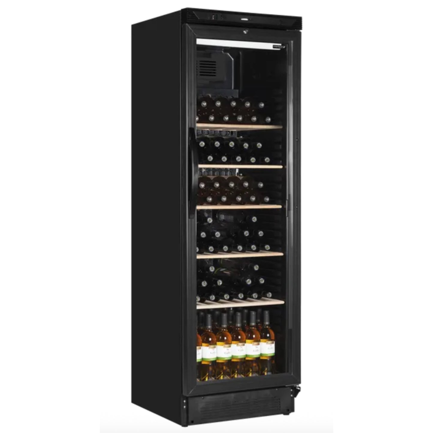 Black wine cooler with glass door displaying bottles on a white background