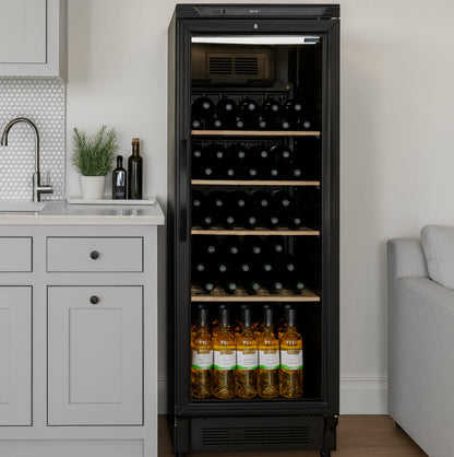 Wine cooler in a kitchen setting with bottles inside