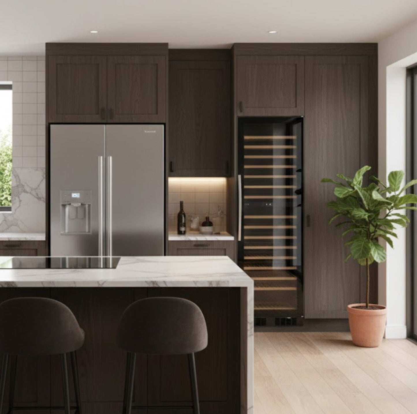 Modern kitchen with dark wood cabinets, stainless steel appliances, and a island with bar stools.
