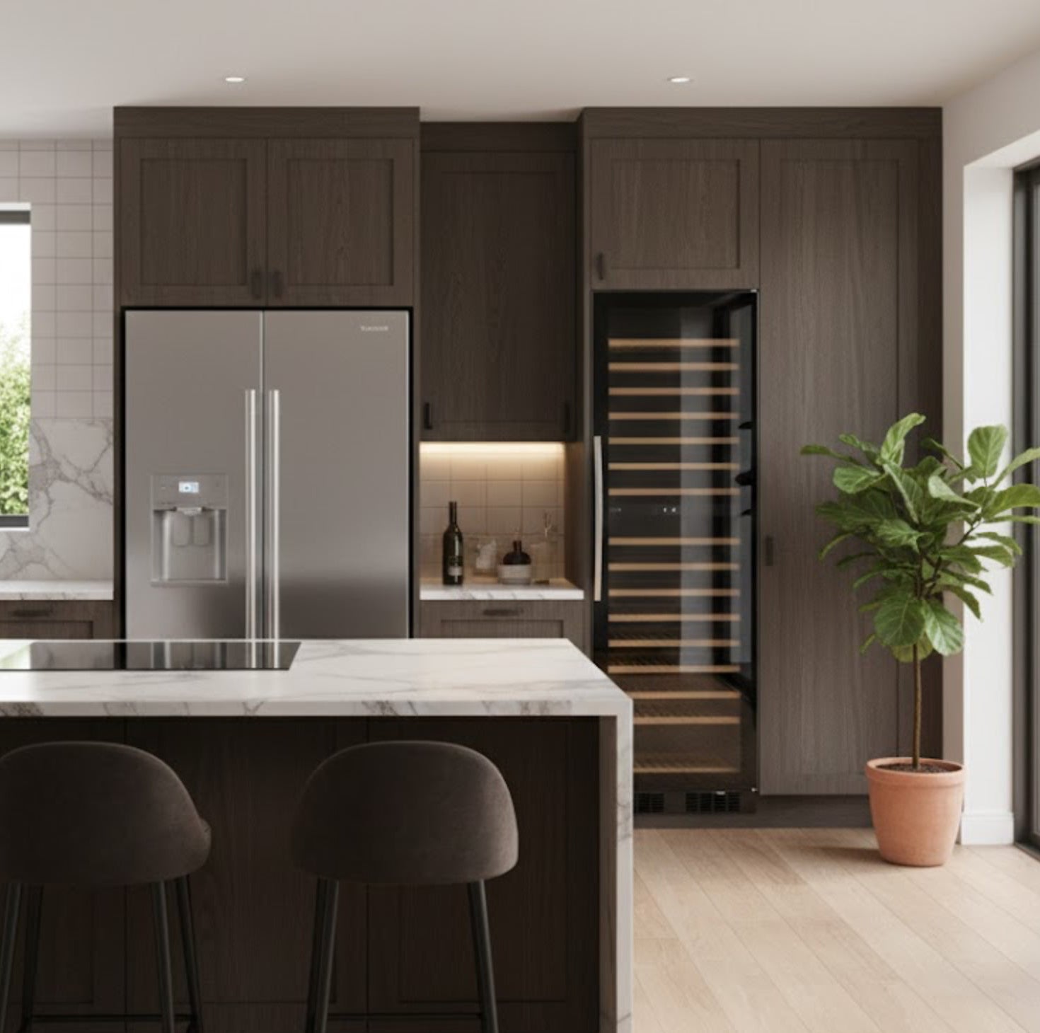 Modern kitchen with dark wood cabinets, stainless steel appliances, and a island with bar stools.