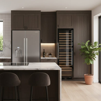 Modern kitchen with dark wood cabinets, stainless steel appliances, and a island with bar stools.