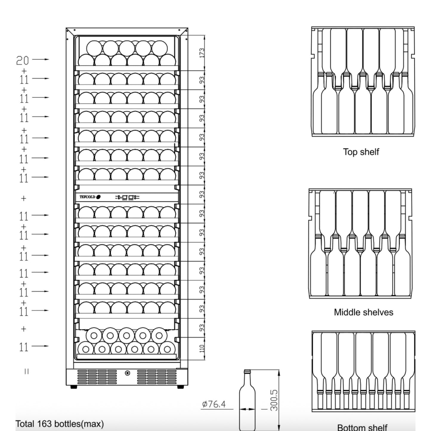 Wine cooler diagram with labeled shelves and dimensions