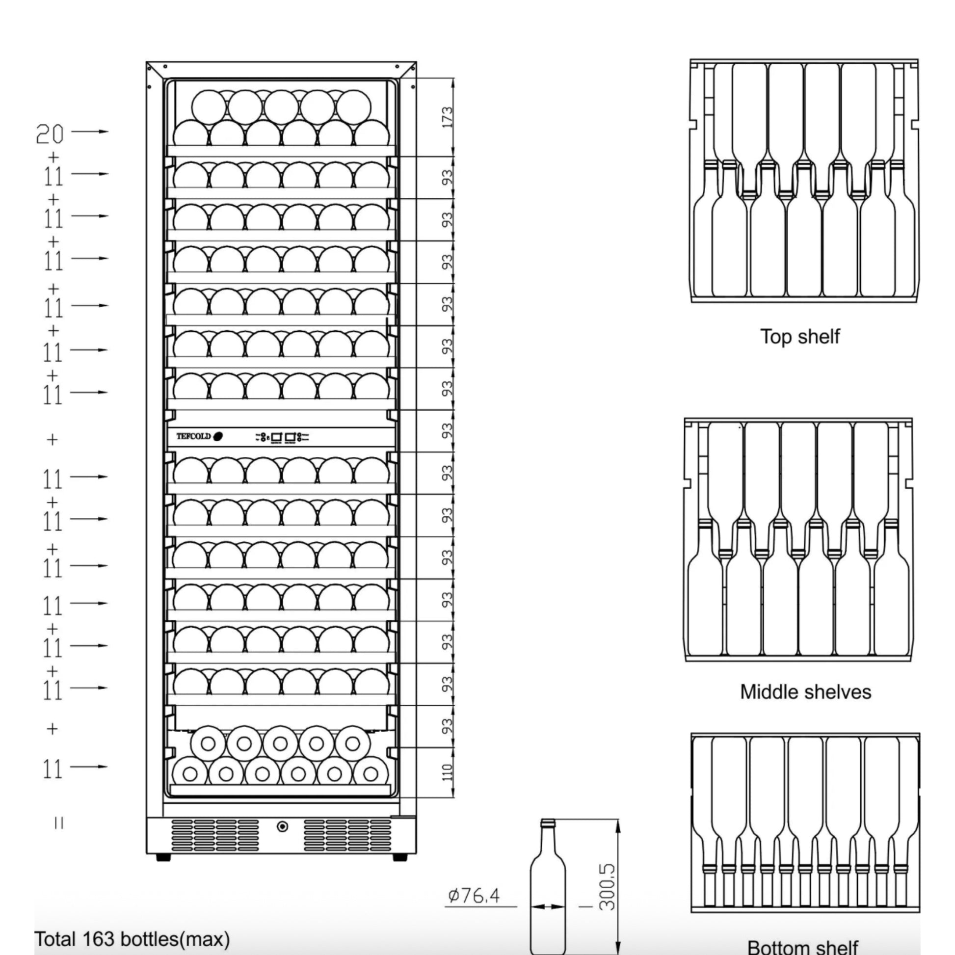 Wine cooler diagram with labeled shelves and dimensions