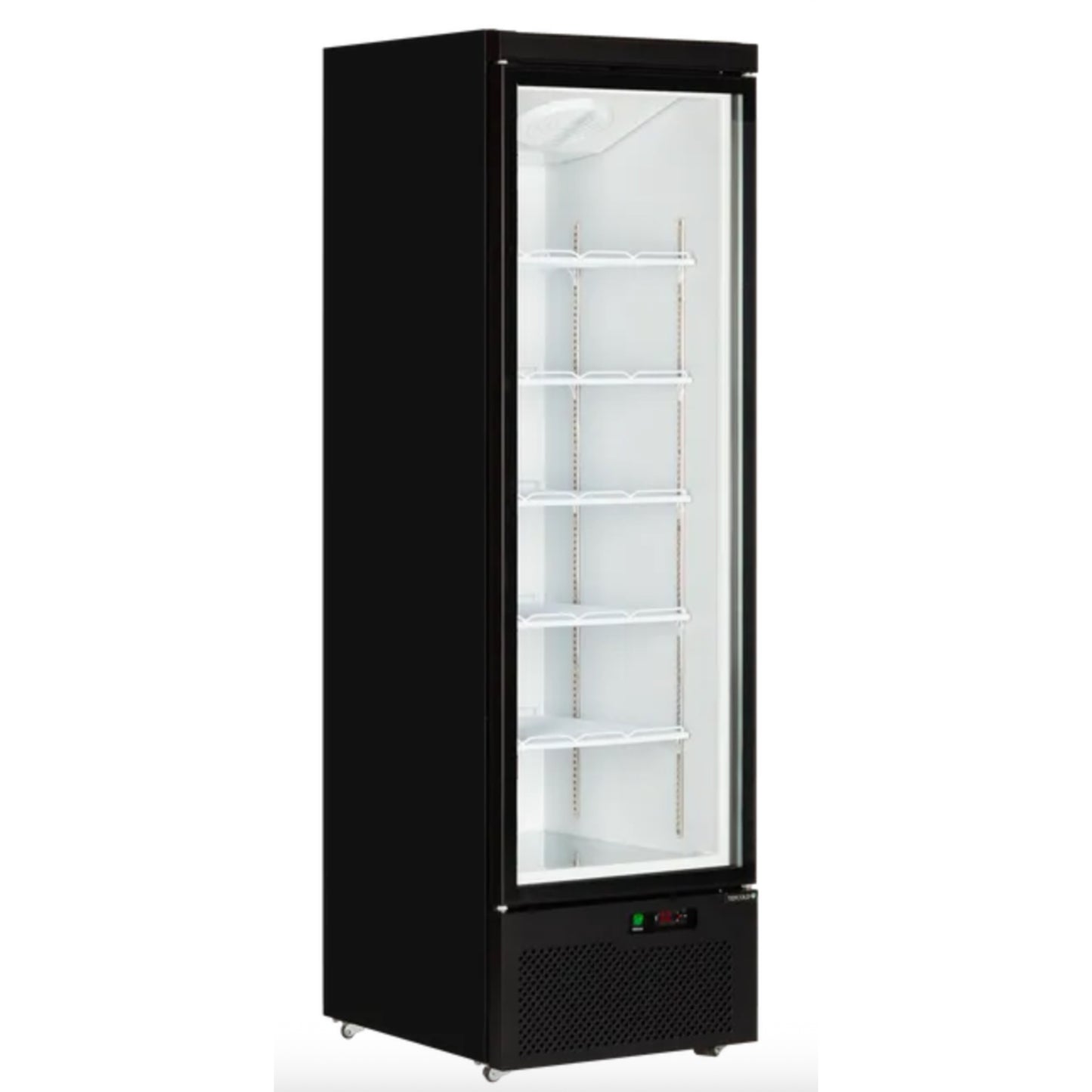 Black glass-fronted refrigerator on a white background