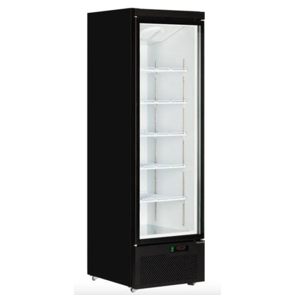 Black glass-fronted refrigerator on a white background