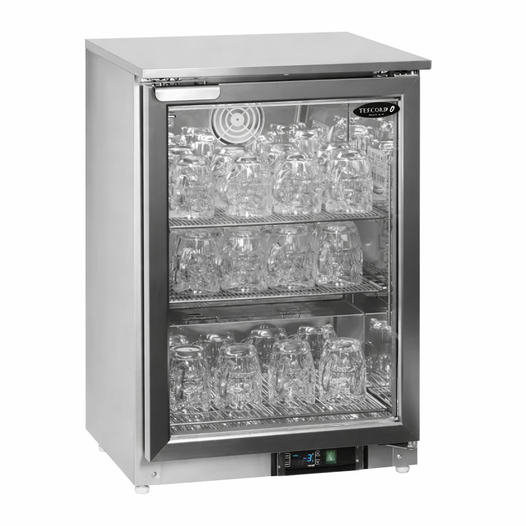 Commercial refrigerator with glass door displaying ice cubes on a white background