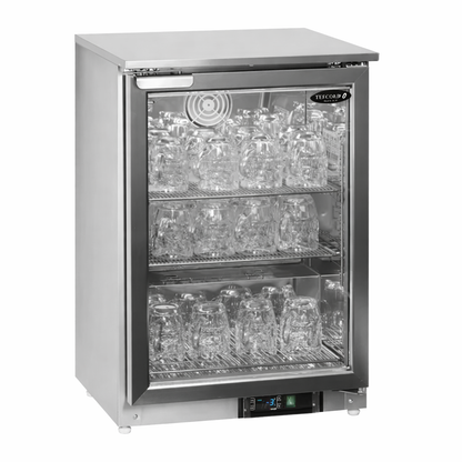 Commercial refrigerator with glass door displaying ice cubes on a white background