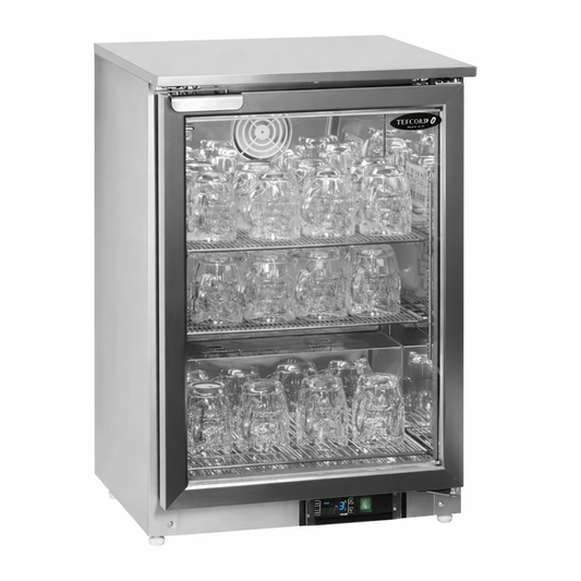 Commercial refrigerator with glass door displaying ice cubes on a white background