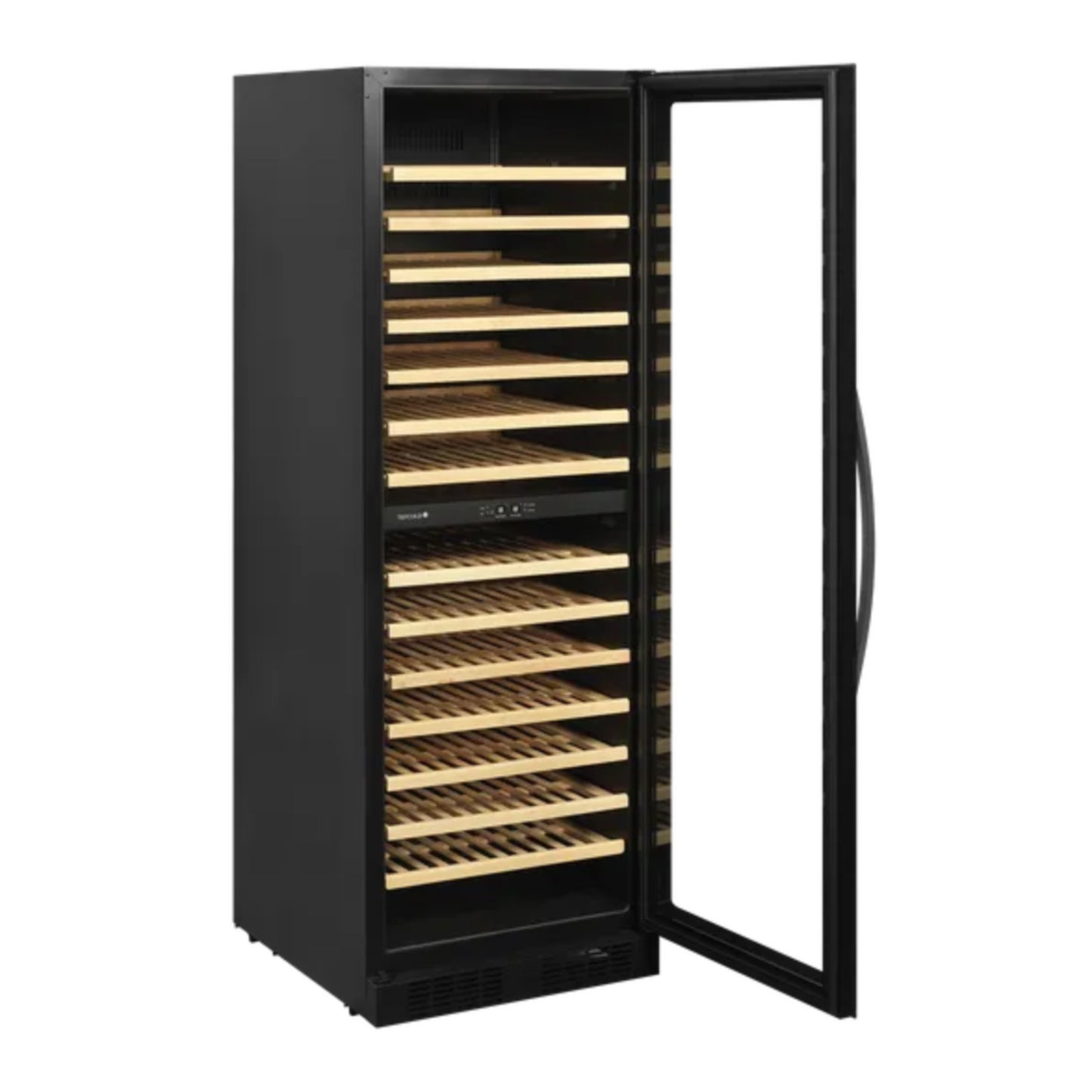 Black wine cooler with open door showing wooden shelves on a white background