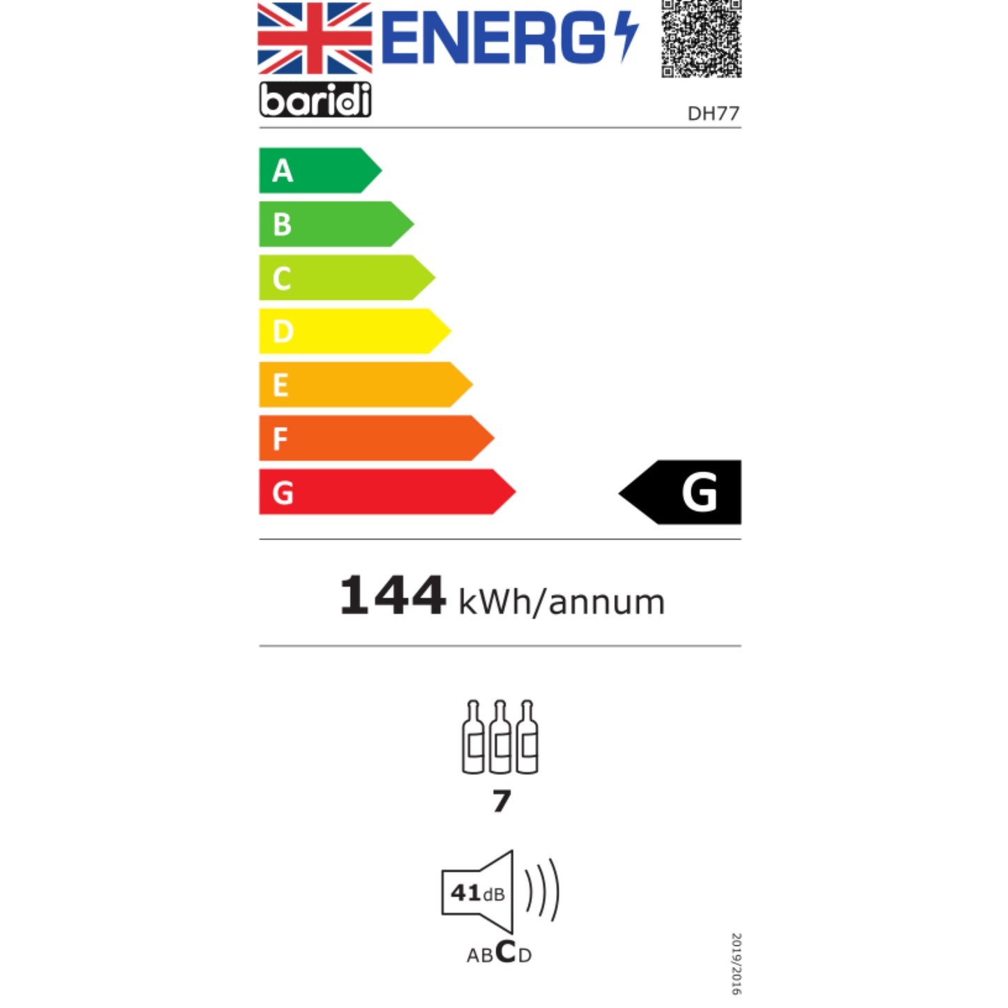 Energy label with Baridi branding and various ratings on a white background
