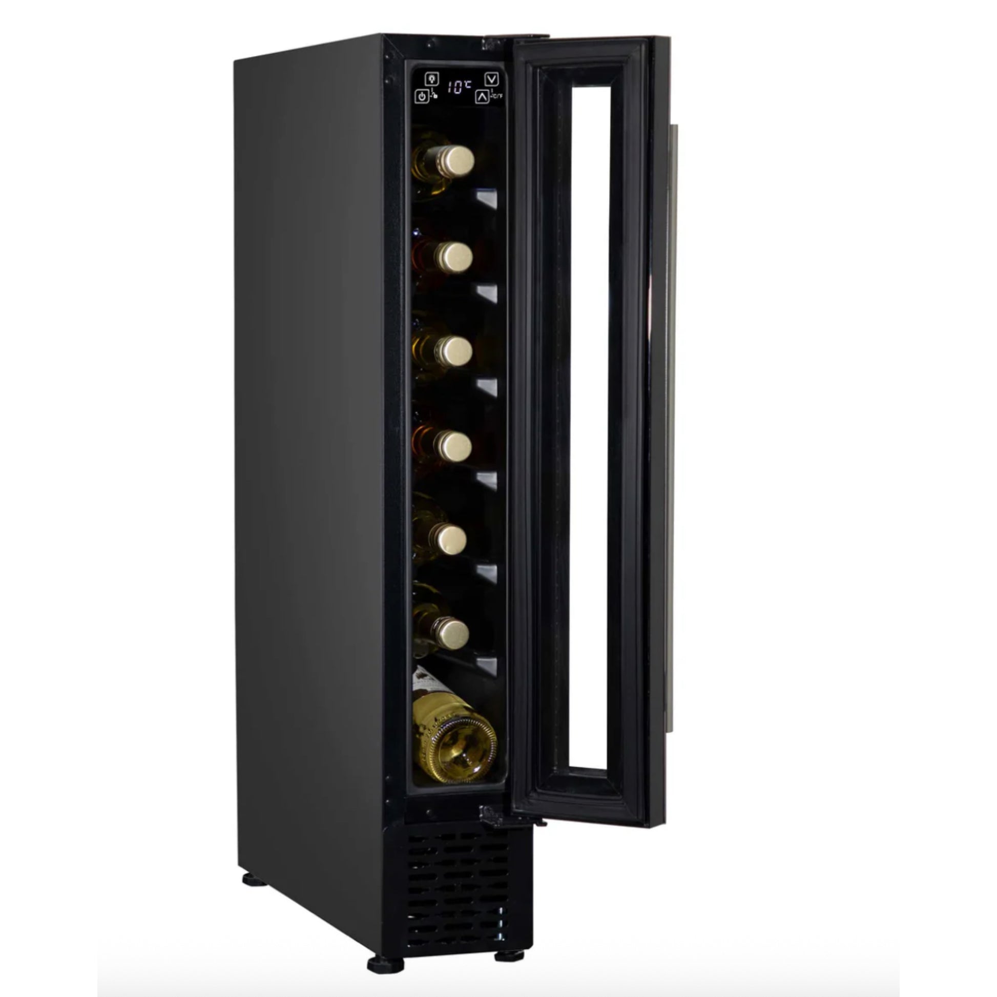 Black wine cooler with glass door displaying wine bottles on a white background