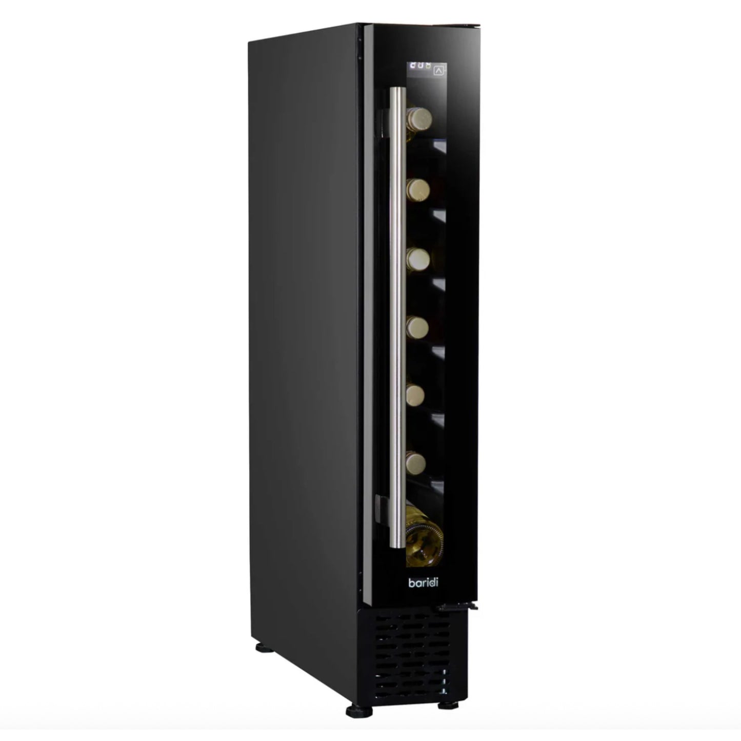 Black wine cooler with glass door on a white background