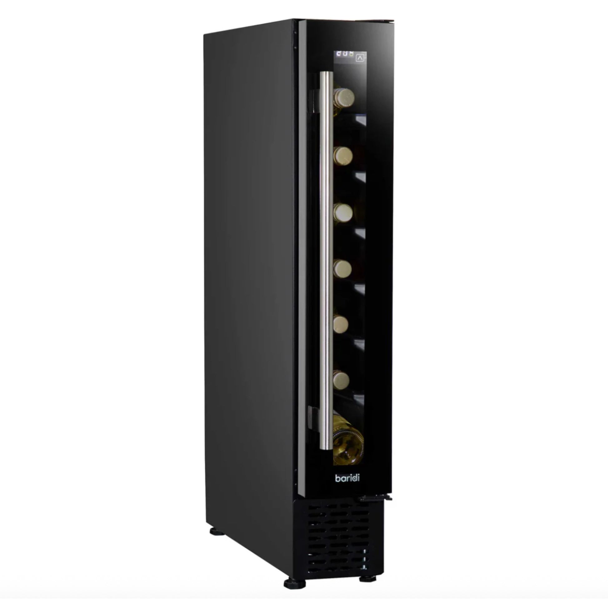 Black wine cooler with glass door on a white background