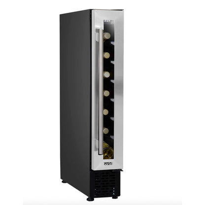 Single-door wine cooler with bottle display on a white background