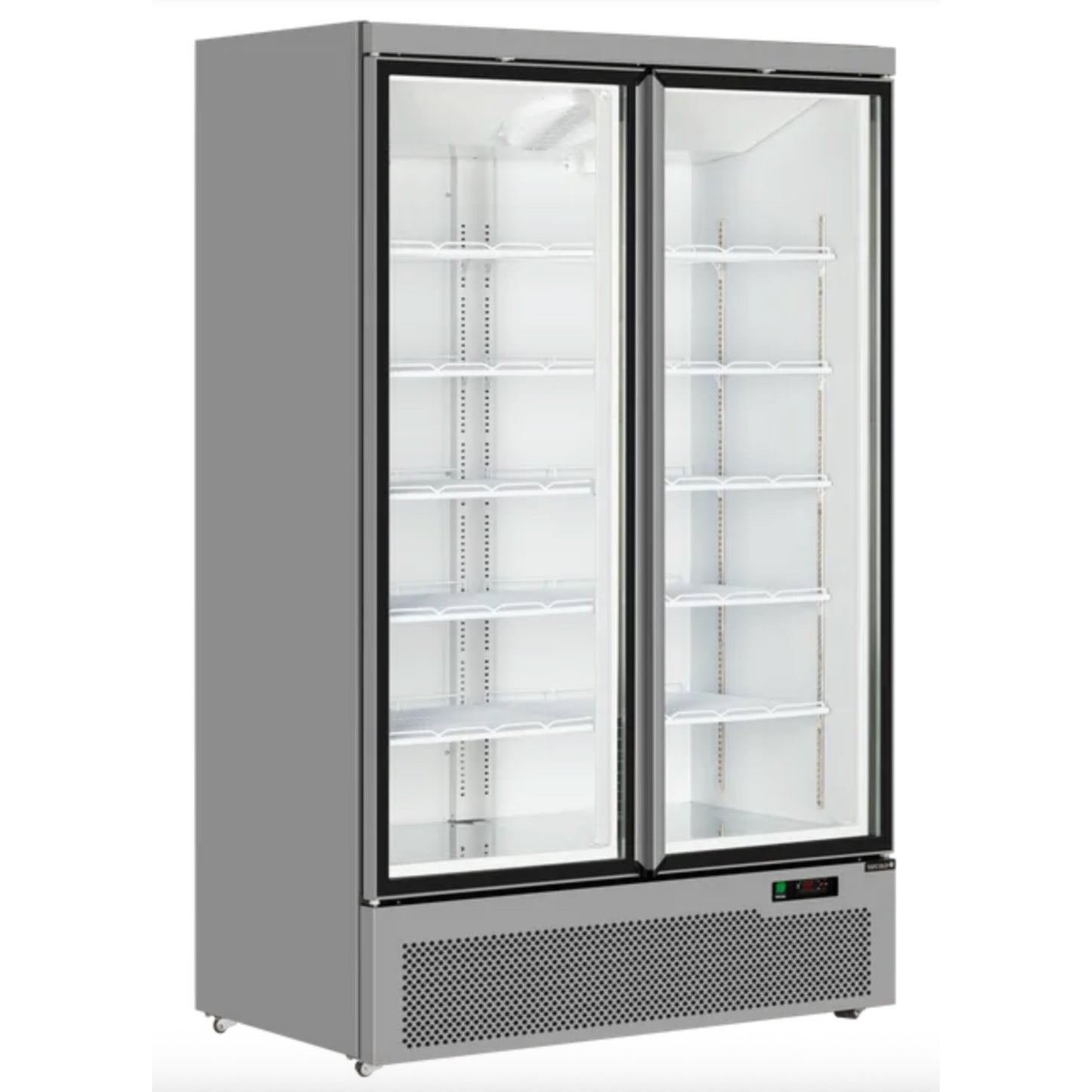 Commercial freezer with glass doors on a white background