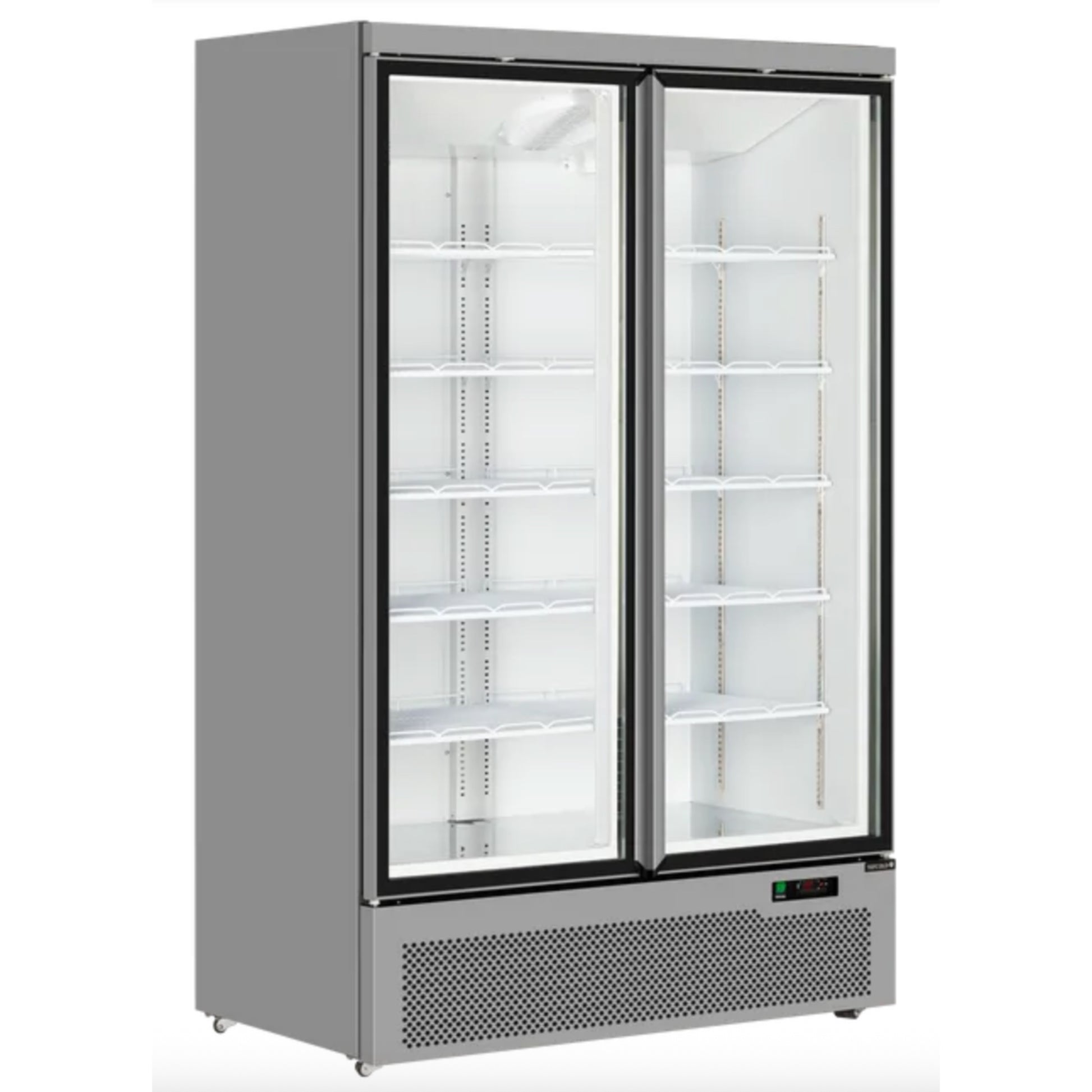 Commercial freezer with glass doors on a white background