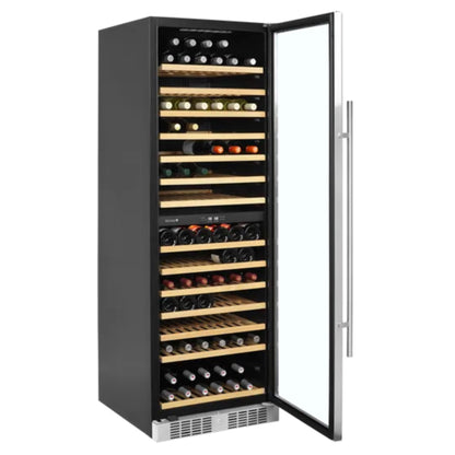 Wine cooler with open door displaying rows of wine bottles on a white background