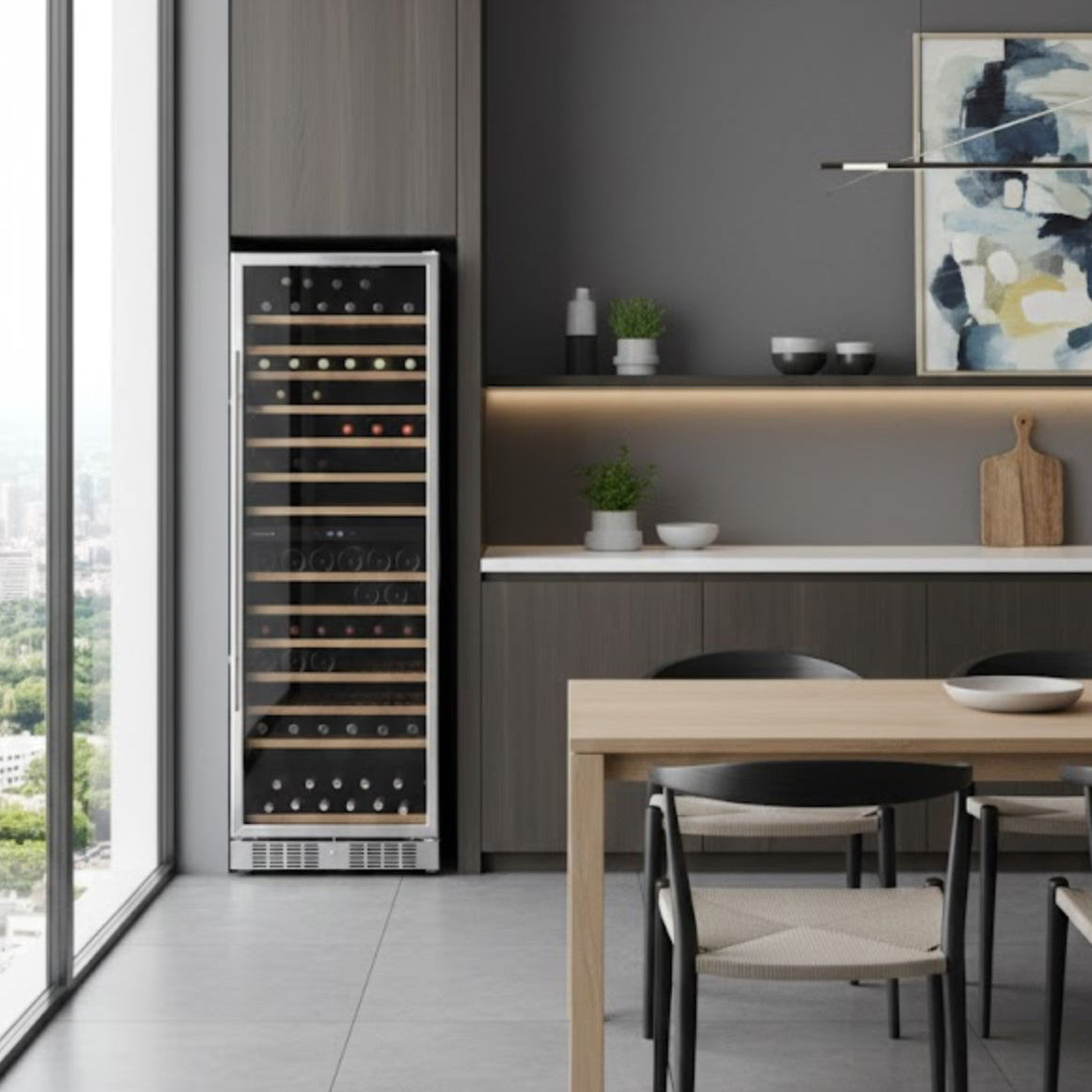 Modern kitchen with wine cooler, dining table, and decor