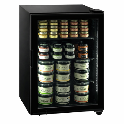 Black caviar cooler with various caviar jars inside