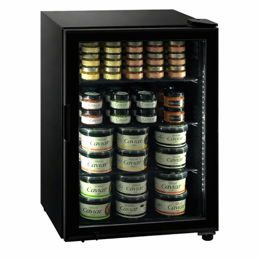 Black caviar cooler with various caviar jars inside