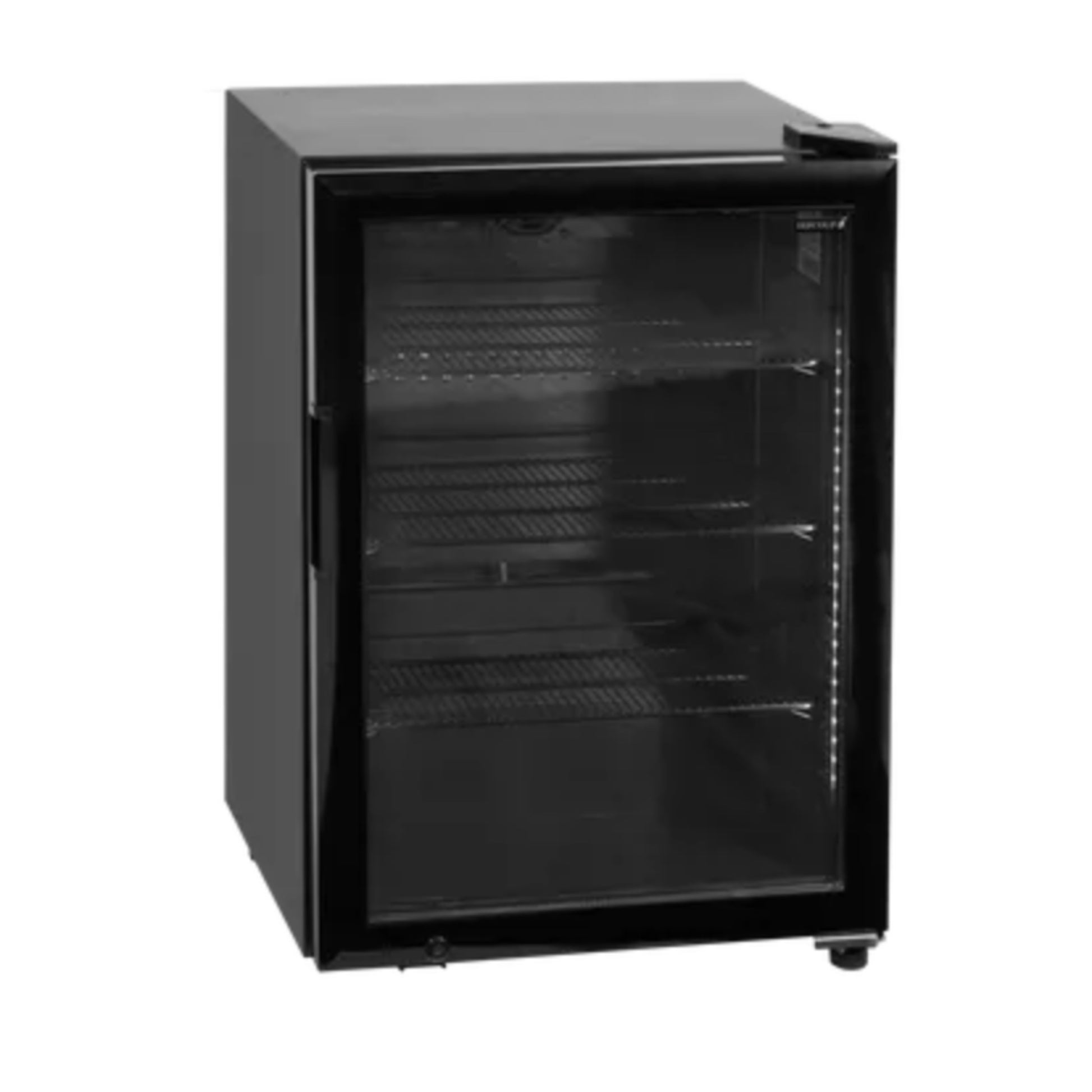 Black beverage cooler with glass door on a white background