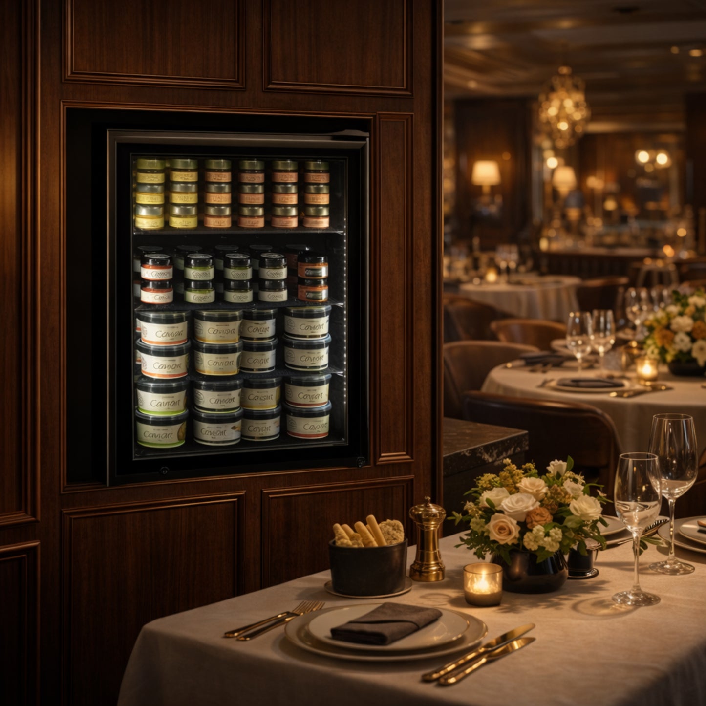 Dining area with a refrigerator displaying various jars, set against a restaurant interior.