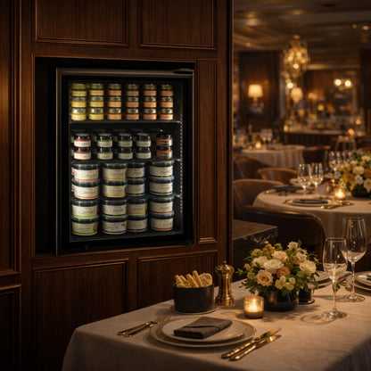 Dining area with a refrigerator displaying various jars, set against a restaurant interior.