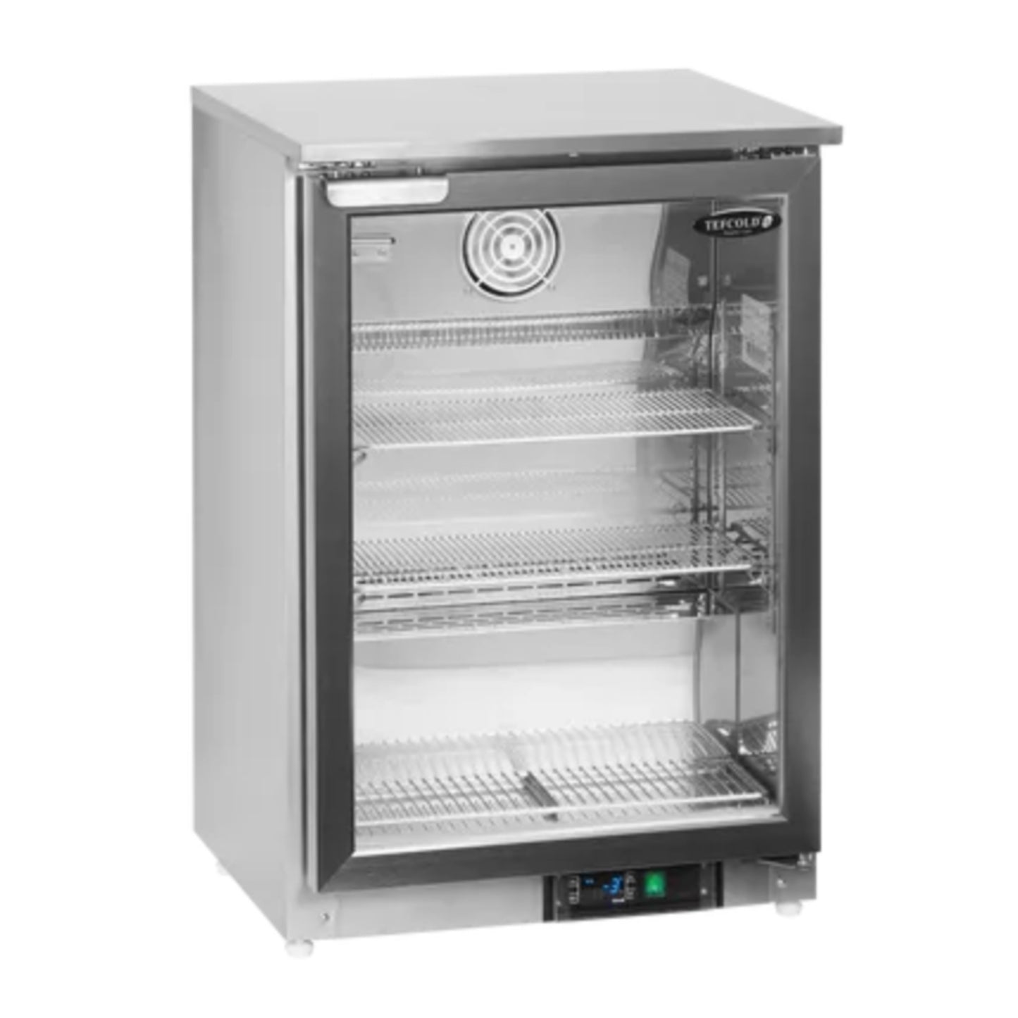 Stainless steel undercounter refrigerator with glass door on a white background