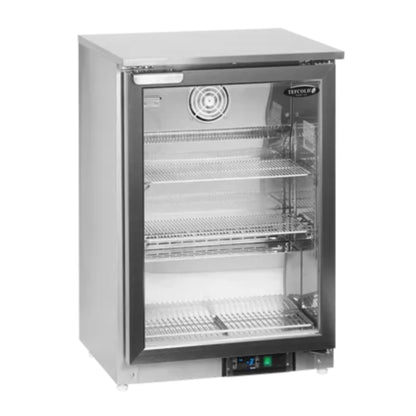 Stainless steel undercounter refrigerator with glass door on a white background