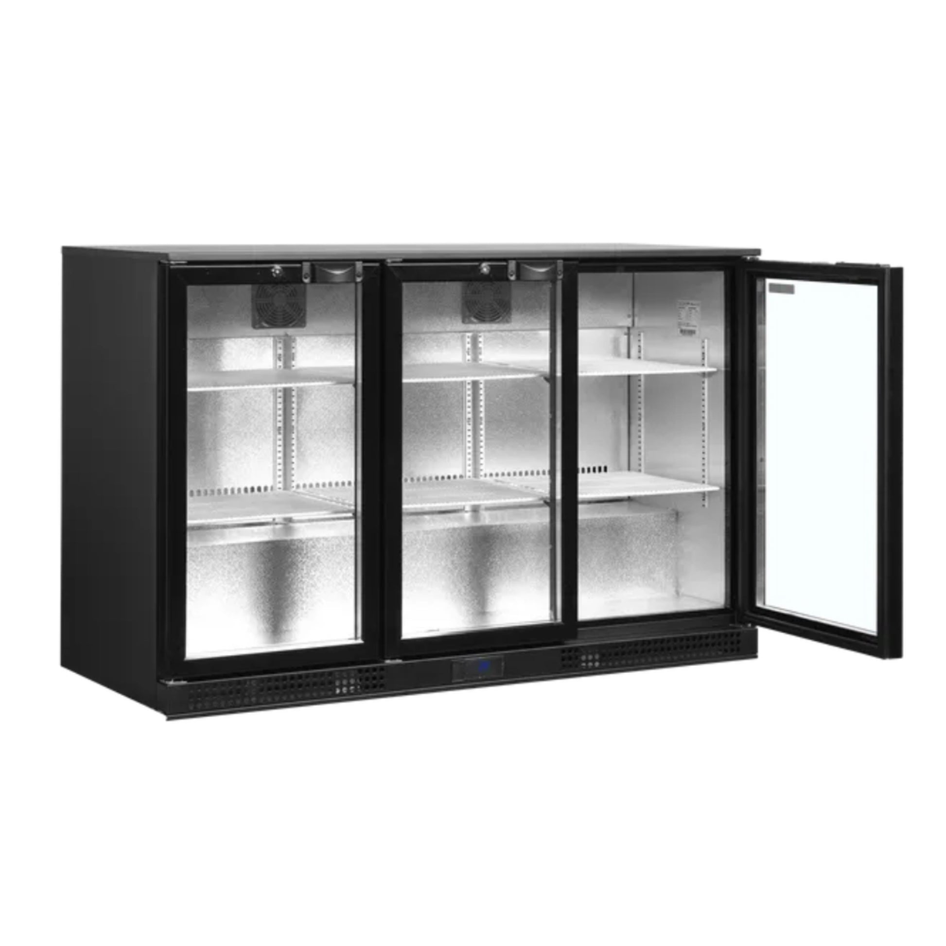 Black commercial refrigerator with glass doors on a white background