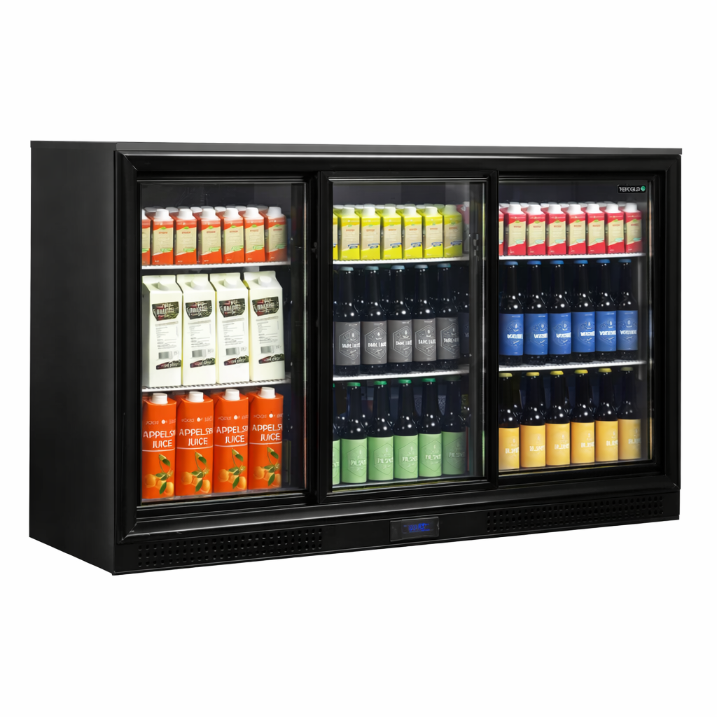 Black three-door commercial refrigerator with various drinks on a white background