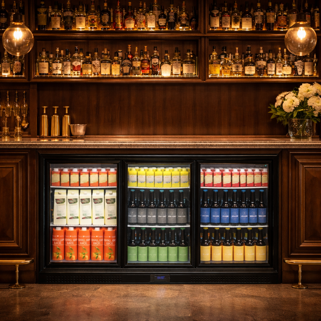 Bar setting with a refrigerator displaying colorful drinks behind a wooden bar.