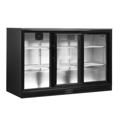 Black commercial refrigerator with glass doors on a white background