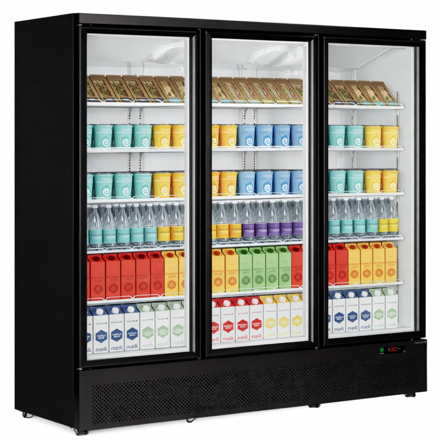 Triple-door refrigerator stocked with various products on a white background