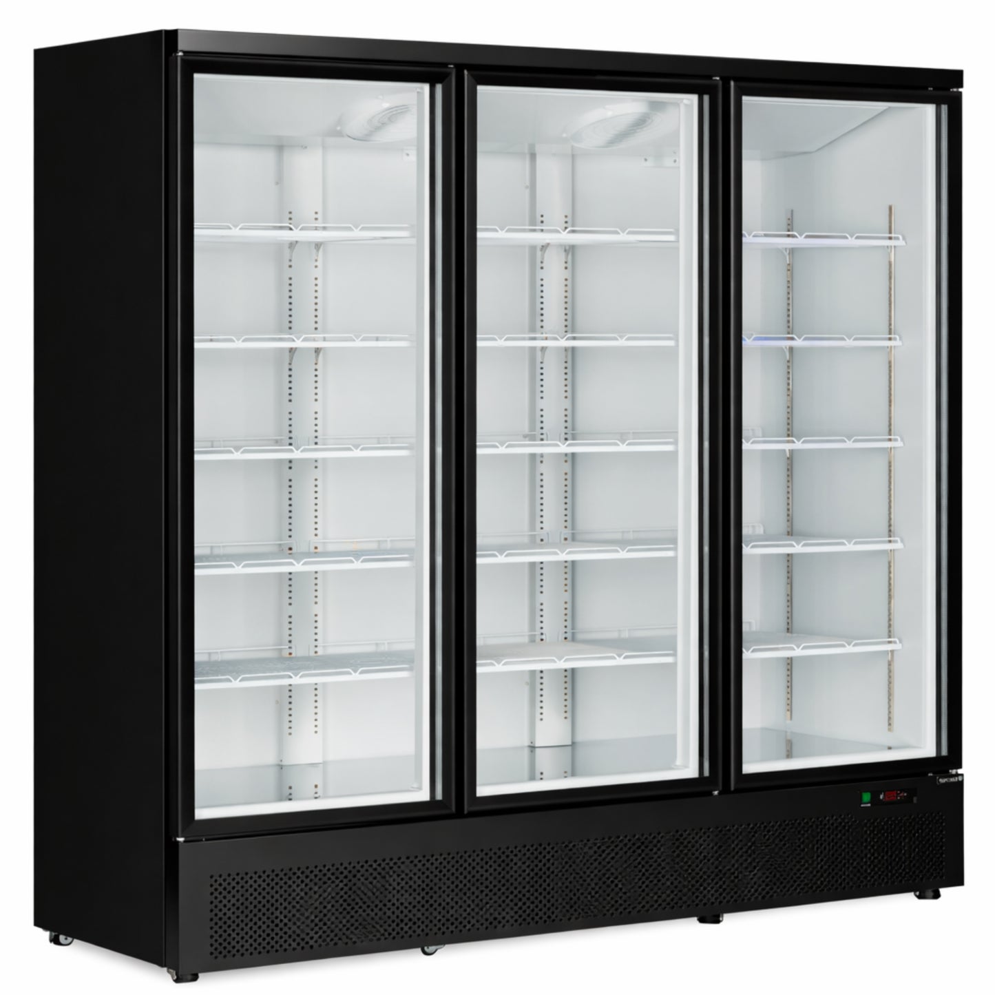 Black commercial refrigerator with glass doors on a white background