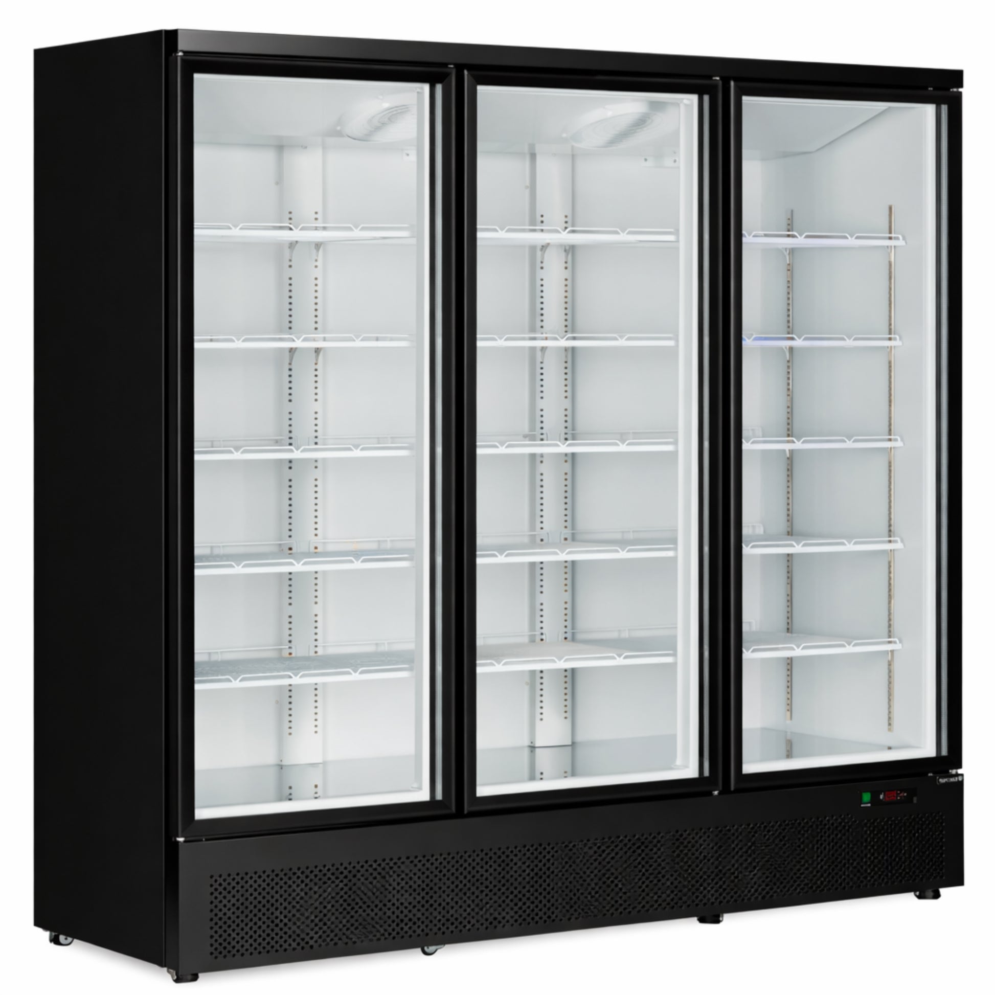 Black commercial refrigerator with glass doors on a white background