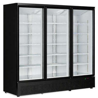 Black commercial refrigerator with glass doors on a white background