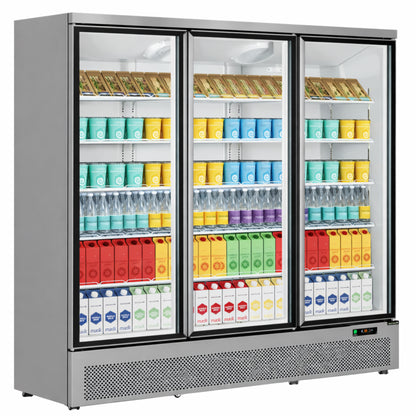 Three-door commercial refrigerator with various products inside on a white background