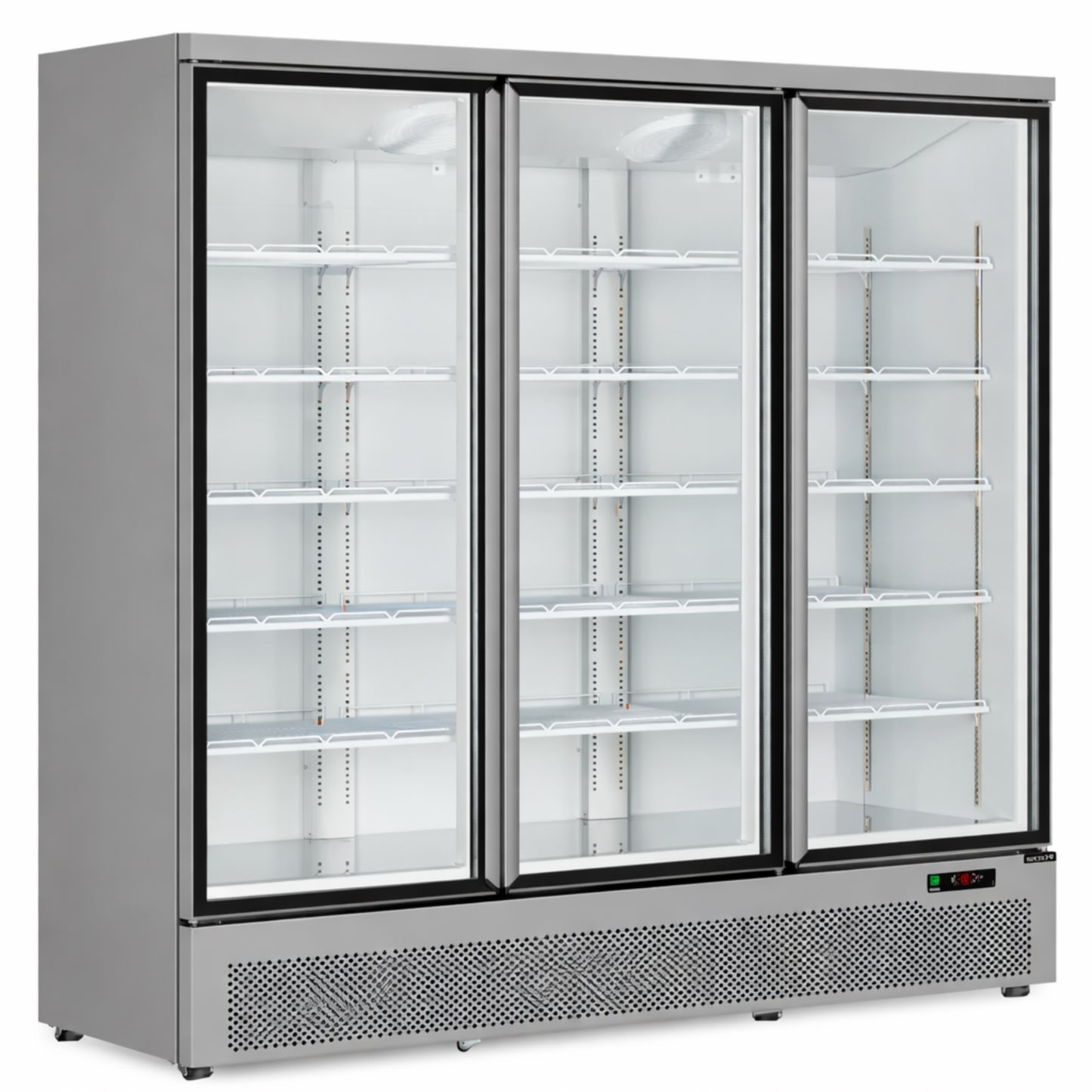 Commercial refrigerator with glass doors on a white background